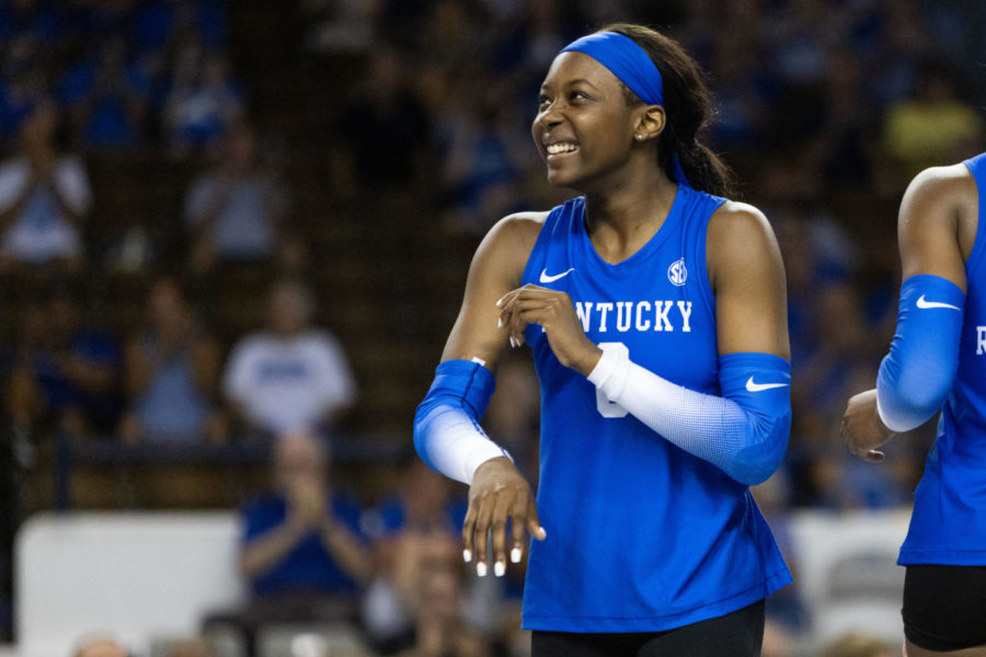 Kentucky+Wildcats+outside+hitter+Adanna+Rollins+%288%29+celebrates+after+a+play+during+the+Kentucky+vs.+Marquette+volleyball+match+on+Friday%2C+Aug.+26%2C+2022%2C+at+Memorial+Coliseum+in+Lexington%2C+Kentucky.+Marquette+won+3-2.+Photo+by+Jack+Weaver+%7C+Staff