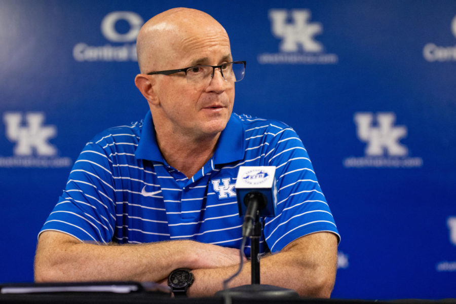 Kentucky Wildcats head coach Craig Skinner answers questions from reporters during a post game press conference after the Kentucky vs. Marquette volleyball match on Friday, Aug. 26, 2022, at Memorial Coliseum in Lexington, Kentucky. Marquette won 3-2. Photo by Jack Weaver | Staff