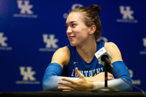 Kentucky Wildcats setter Emma Grome (4) answers questions during a post game press conference after the Kentucky vs. Marquette volleyball match on Friday, Aug. 26, 2022, at Memorial Coliseum in Lexington, Kentucky. Marquette won 3-2. Photo by Jack Weaver | Staff