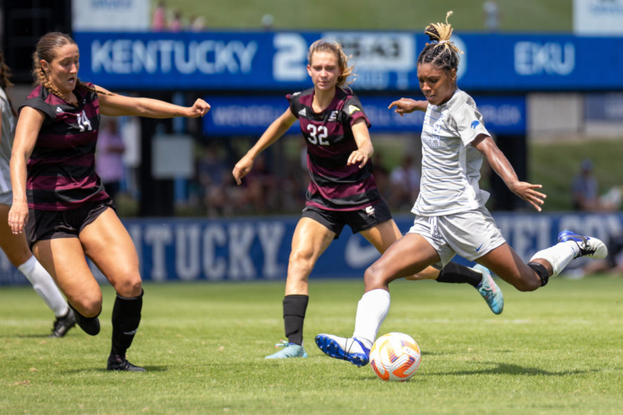 Kentucky+Wildcats+forward+Hailey+Farrington-Bentil+%280%29+kicks+the+ball+during+the+Kentucky+vs.+EKU+womens+soccer+game+on+Sunday%2C+Aug.+28%2C+2022%2C+at+the+Wendell+and+Vickie+Bell+Soccer+Complex+in+Lexington%2C+Kentucky.+UK+won+4-0.+Photo+by+Jack+Weaver+%7C+Staff
