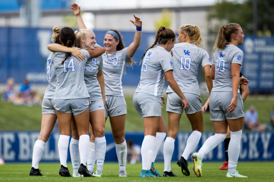 Kentucky+players+celebrate+after+a+goal+during+the+Kentucky+vs.+EKU+womens+soccer+game+on+Sunday%2C+Aug.+28%2C+2022%2C+at+the+Wendell+and+Vickie+Bell+Soccer+Complex+in+Lexington%2C+Kentucky.+UK+won+4-0.+Photo+by+Jack+Weaver+%7C+Staff