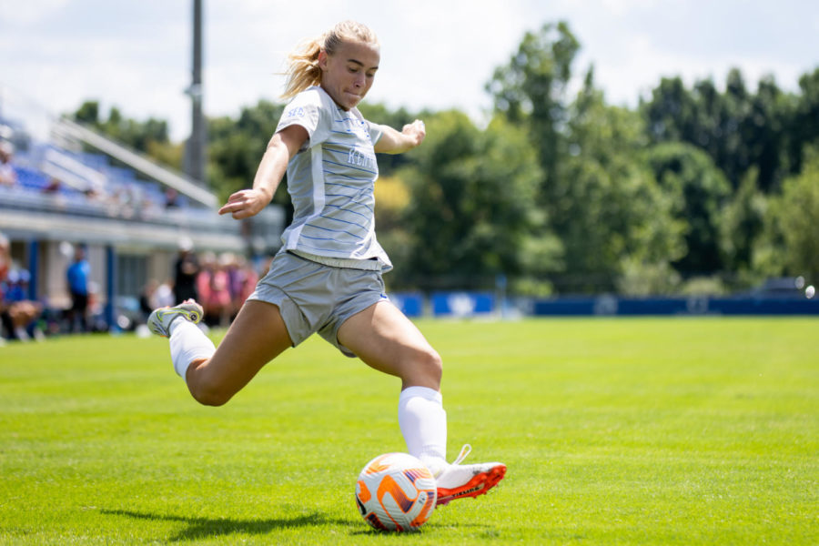 Kentucky Wildcats forward Hannah Richardson (8) kicks the ball towards the goal during the Kentucky vs. EKU womens soccer game on Sunday, Aug. 28, 2022, at the Wendell and Vickie Bell Soccer Complex in Lexington, Kentucky. UK won 4-0. Photo by Jack Weaver | Staff