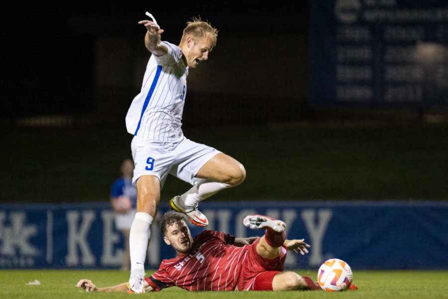 Kentucky Wildcats forward Eythor Bjorgolfsson (9) chases the ball after a tackle during the Kentucky vs. Seattle mens soccer match on Monday, Aug. 29, 2022, at the Wendell and Vickie Bell Soccer Complex in Lexington, Kentucky. UK won 1-0. Photo by Jack Weaver | Kentucky Kernel