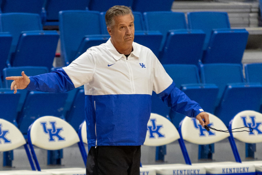 Kentucky head coach John Calipari talks to his team during a practice on Monday, Oct. 11, 2021, at Rupp Arena in Lexington, Kentucky. Photo by Jack Weaver | Staff