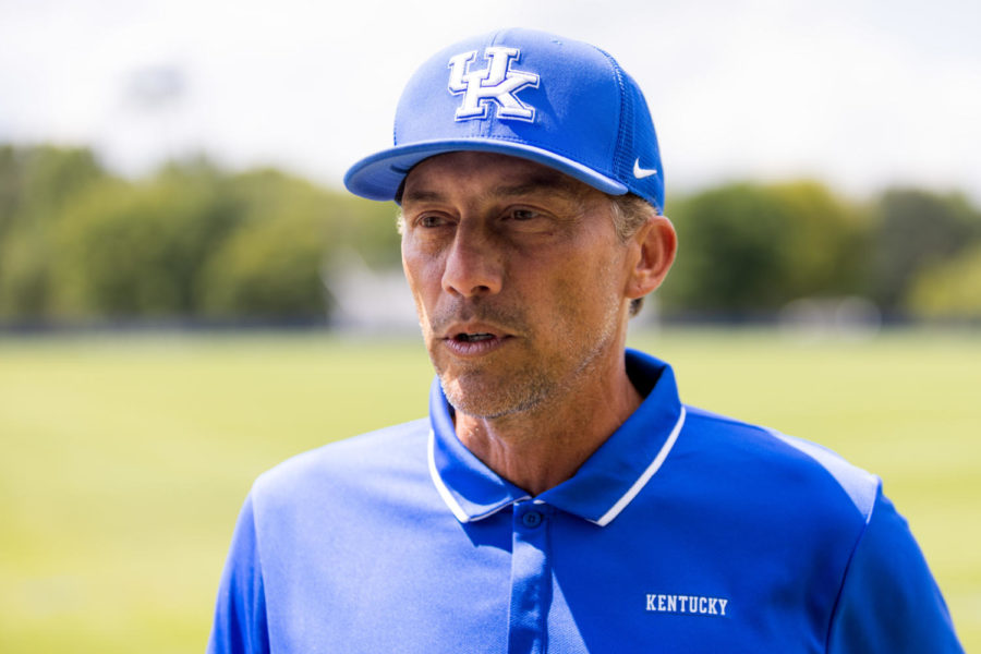 Kentucky womens soccer first-year head coach Troy Fabiano speaks during a press conference at the Wendell & Vickie Bell Soccer Complex on Wednesday, Aug. 17, 2022, in Lexington, Kentucky. Photo by Jack Weaver | Kentucky Kernel
