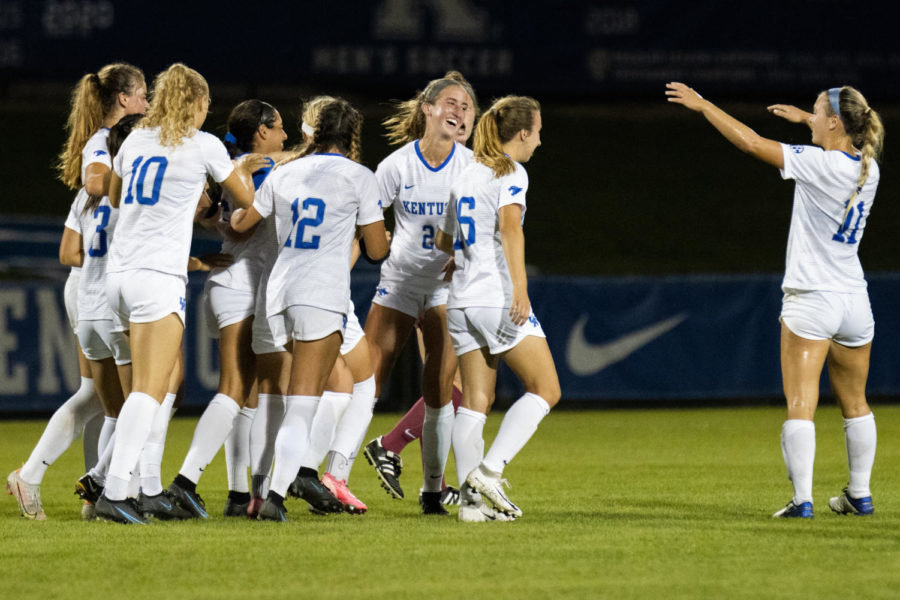 The+Wildcats+celebrate+during+UK%E2%80%99s+game+against+Bellarmine+on+Sunday%2C+Sept.+19%2C+2021%2C+at+Wendell+and+Vickie+Bell+Soccer+Complex+in+Lexington%2C+Kentucky.+UK+won+4-0.+Photo+by+Jackson+Dunavant+%7C+Kentucky+Kernel