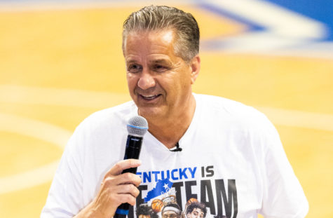 Kentucky mens basketball head coach John Calipari talks to fans during an open practice and telethon benefitting flood victims in Eastern Kentucky at Rupp Arena on Tuesday, Aug. 2, 2022 in Lexington, Kentucky.