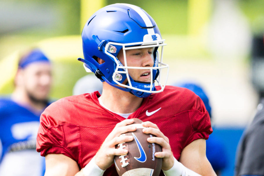 Kentucky Wildcats quarterback Will Levis scrimmages during an open practice and fan day at the Joe Craft Football Training Center practice fields on Saturday, Aug. 6, 2022, in Lexington, Kentucky. Photo by Isabel McSwain | Staff