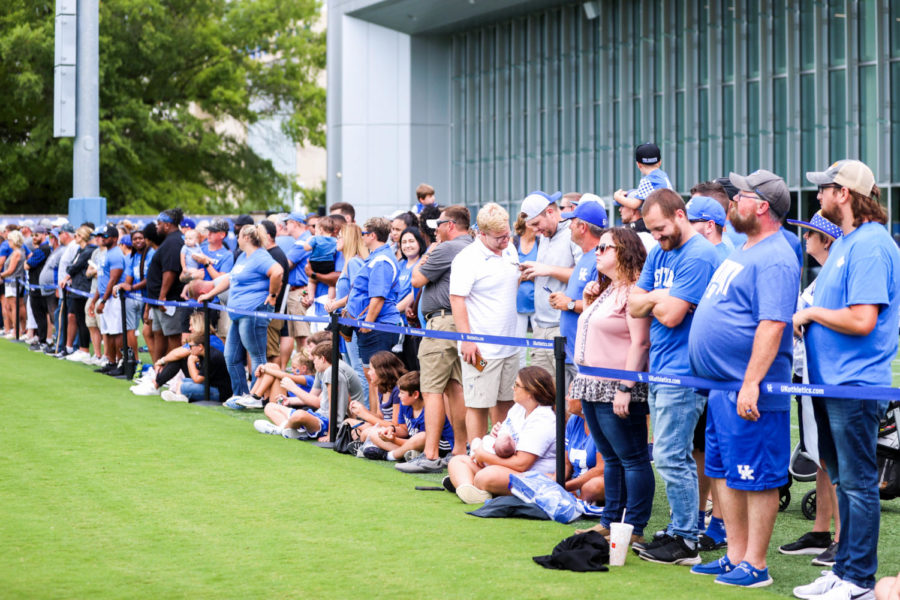 Fans watch Kentucky football scrimmage during an open practice and fan day at the Joe Craft Football Training Center practice fields on Saturday, Aug. 6, 2022, in Lexington, Kentucky. Photo by Isabel McSwain | Staff