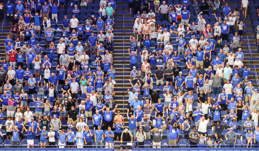 Fans cheer during an open practice and telethon benefitting flood victims in Eastern Kentucky at Rupp Arena on Tuesday, Aug. 2, 2022 in Lexington, Kentucky.