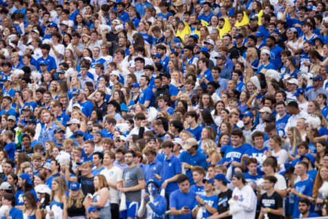 Students cheer during the Kentucky vs. Miami Ohio football game on Saturday, Sept. 3, 2022, at Kroger Field in Lexington, Kentucky. UK won 37-13. Photo by Jack Weaver | Staff