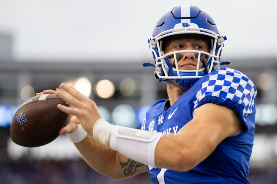 Kentucky Wildcats quarterback Will Levis (7) warms up on the sideline during the Kentucky vs. Miami Ohio football game on Saturday, Sept. 3, 2022, at Kroger Field in Lexington, Kentucky. UK won 37-13. Photo by Jack Weaver | Kentucky Kernel