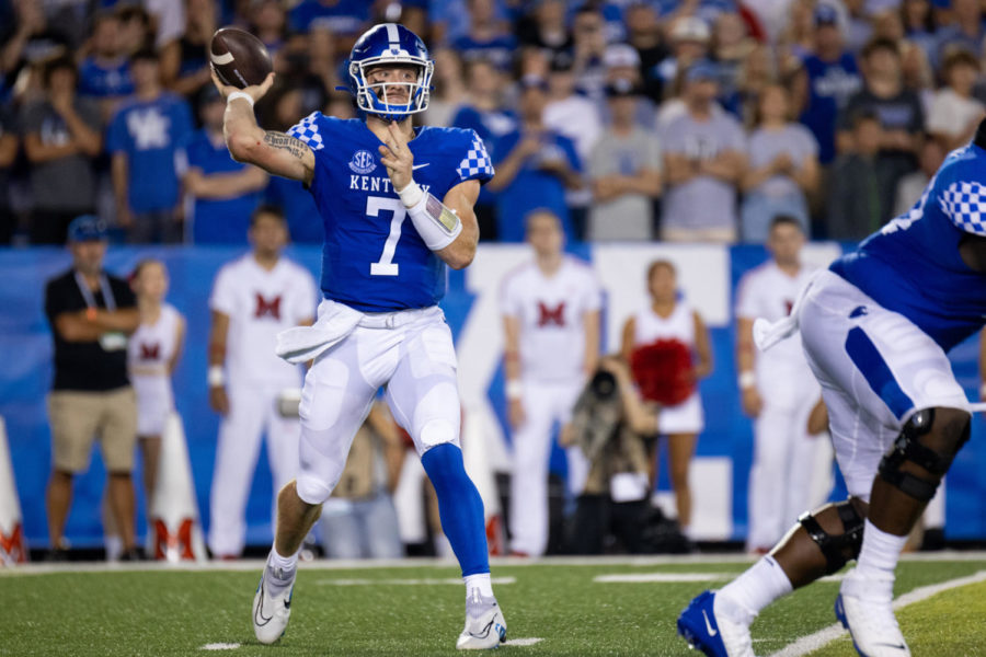 Kentucky Wildcats quarterback Will Levis (7) throws a pass during the Kentucky vs. Miami Ohio football game on Saturday, Sept. 3, 2022, at Kroger Field in Lexington, Kentucky. UK won 37-13. Photo by Jack Weaver | Staff