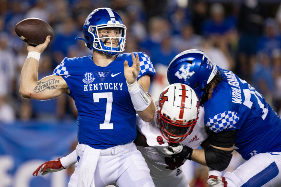 Kentucky Wildcats quarterback Will Levis (7) throws a pass during the Kentucky vs. Miami Ohio football game on Saturday, Sept. 3, 2022, at Kroger Field in Lexington, Kentucky. UK won 37-13. Photo by Jack Weaver | Staff