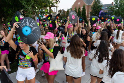 Members of Chi Omega meet new members during Bid Day on Tuesday, Sept. 6, 2022, at the University of Kentucky in Lexington, Kentucky. Photo by Jack Weaver | Staff