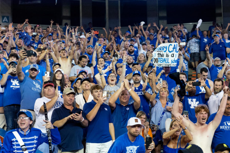 Kentucky fans celebrate during the No. 20 Kentucky vs. No. 12 Florida football game on Saturday, Sept. 10, 2022, at Ben Hill Griffin Stadium in Gainesville, Florida. UK won 26-16. Photo by Jack Weaver | Staff