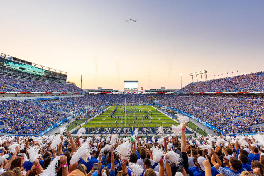 Fans+cheer+as+three+planes+perform+a+flyover+before+the+Kentucky+vs.+Missouri+football+game+on+Saturday%2C+Sept.+11%2C+2021%2C+at+Kroger+Field+in+Lexington%2C+Kentucky.+Photo+by+Jack+Weaver+%7C+Kentucky+Kernel