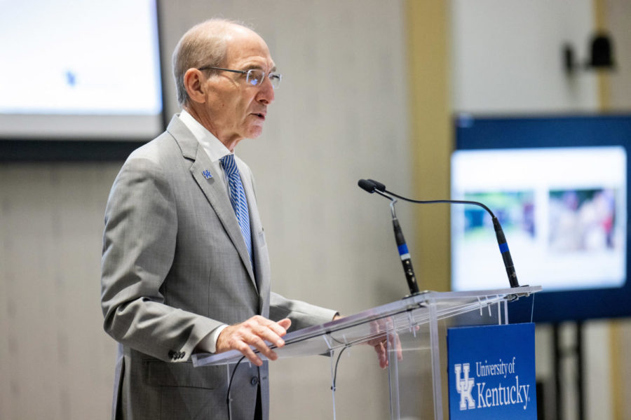 UK president Eli Capilouto gives a speech during a Board of Trustees meeting on Friday, Sept. 16, 2022, at the Gatton Student Center in Lexington, Kentucky. Photo by Jack Weaver | Staff