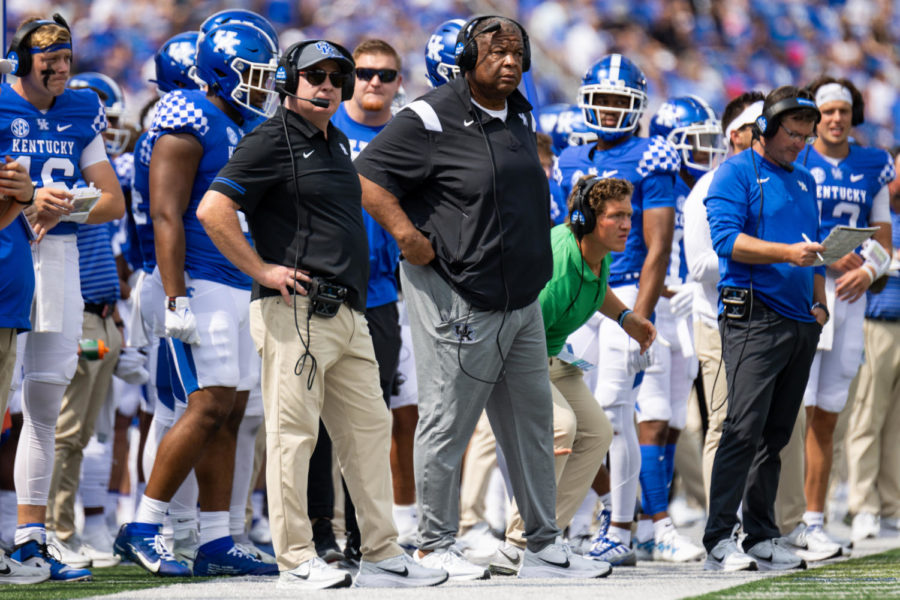 Kentucky+Wildcats+head+coach+Mark+Stoops+and+associate+head+coach+Vince+Marrow+watch+their+team+during+the+No.+9+Kentucky+vs.+Youngstown+State+football+game+on+Saturday%2C+Sept.+17%2C+2022%2C+at+Kroger+Field+in+Lexington%2C+Kentucky.+UK+won+31-0.+Photo+by+Jack+Weaver+%7C+Staff