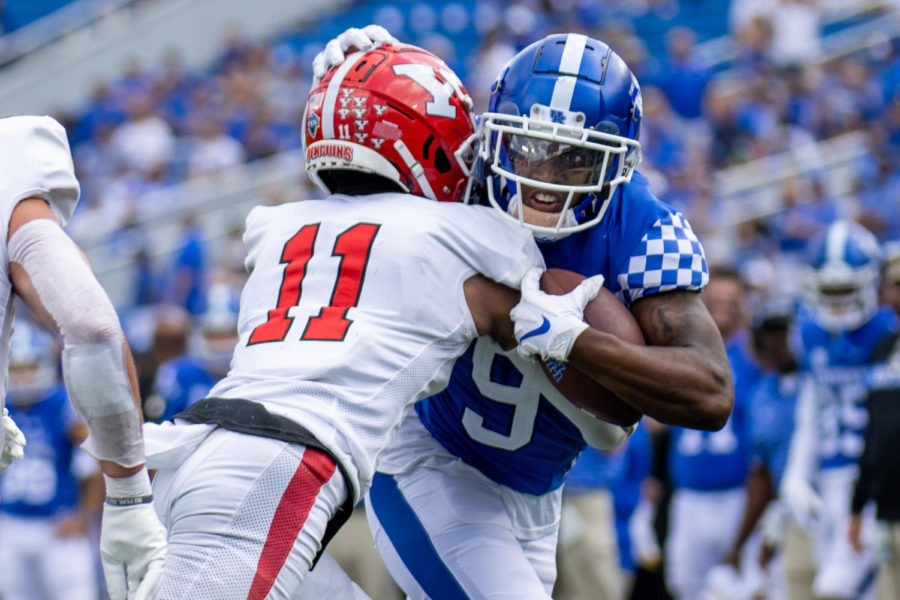 Kentucky Wildcats wide receiver Tayvion Robinson (9) runs the ball during the No. 9 Kentucky vs. Youngstown State football game on Saturday, Sept. 17, 2022, at Kroger Field in Lexington, Kentucky. UK won 31-0. Photo by Jack Weaver | Staff