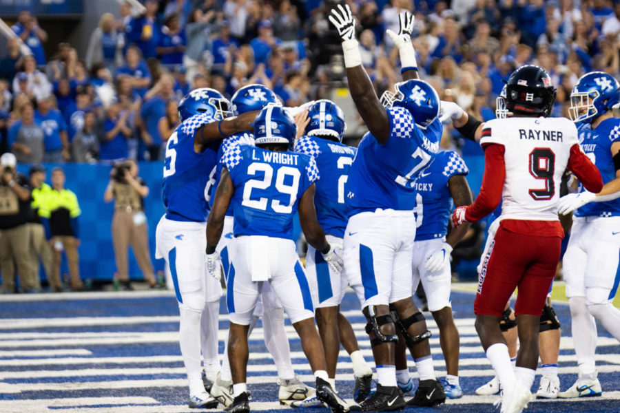 Kentucky players celebrate during the No. 8 Kentucky vs. Northern Illinois football game on Saturday, Sept. 24, 2022, at Kroger Field in Lexington, Kentucky. Kentucky won 31-23. Photo by Abby Szydlik | Staff