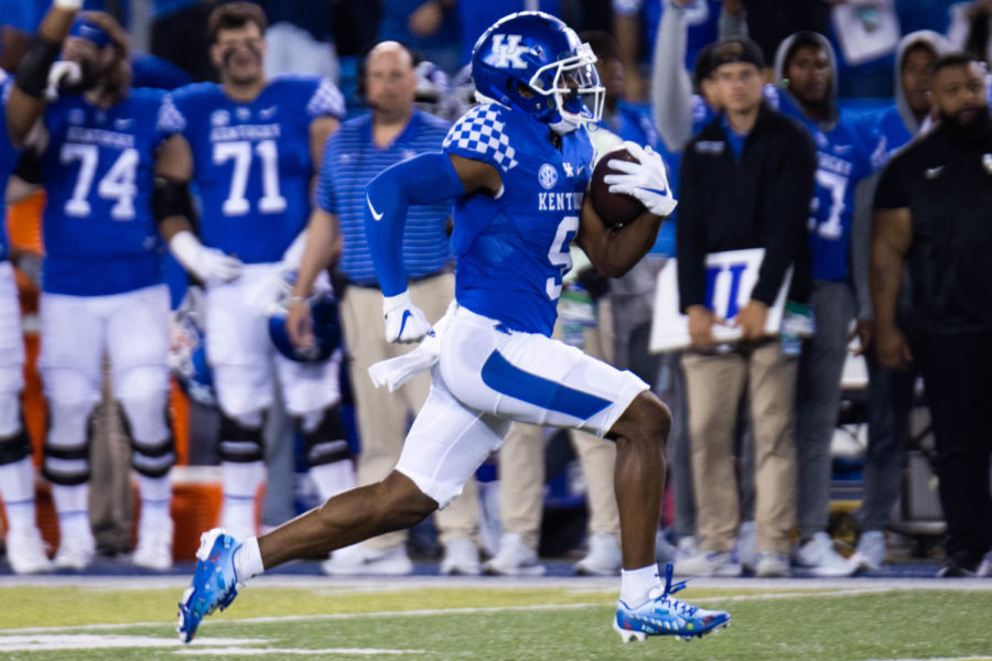 Kentucky Wildcats wide receiver Tayvion Robinson (9) runs down the field for a touchdown during the No. 8 Kentucky vs. Northern Illinois football game on Saturday, Sept. 24, 2022, at Kroger Field in Lexington, Kentucky. Kentucky won 31-23. Photo by Abby Szydlik | Staff