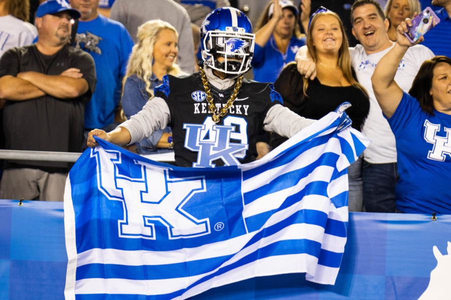A Kentucky fan cheers during the No. 8 Kentucky vs. Northern Illinois football game on Saturday, Sept. 24, 2022, at Kroger Field in Lexington, Kentucky. Kentucky won 31-23. Photo by Abby Szydlik | Staff