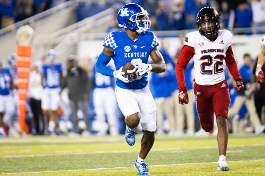 Kentucky Wildcats wide receiver Tayvion Robinson (9) runs to the end zone during the No. 8 Kentucky vs. Northern Illinois football game on Saturday, Sept. 24, 2022, at Kroger Field in Lexington, Kentucky. Kentucky won 31-23. Photo by Abby Szydlik | Staff
