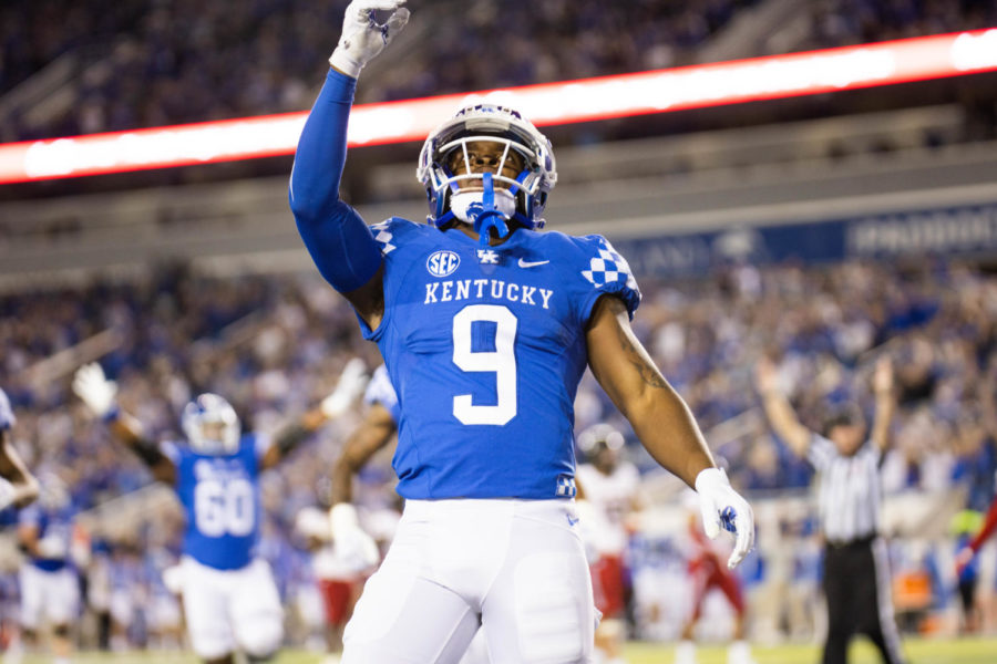 Kentucky Wildcats wide receiver Tayvion Robinson (9) celebrates after scoring a touchdown during the No. 8 Kentucky vs. Northern Illinois football game on Saturday, Sept. 24, 2022, at Kroger Field in Lexington, Kentucky. Kentucky won 31-23. Photo by Abby Szydlik | Staff
