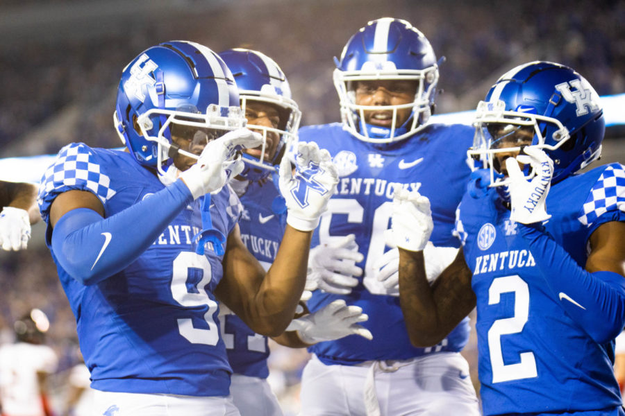 Kentucky players dance after a touchdown during the No. 8 Kentucky vs. Northern Illinois football game on Saturday, Sept. 24, 2022, at Kroger Field in Lexington, Kentucky. Kentucky won 31-23. Photo by Abby Szydlik | Staff