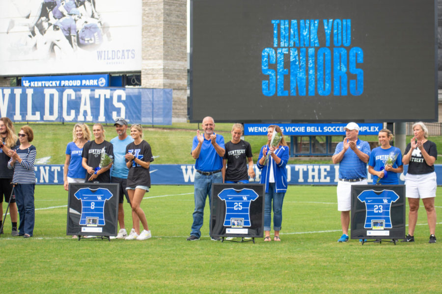 Kentucky seniors line up with their families during Senior Day celebrations before the Kentucky vs. Eastern Michigan women’s soccer match on Sunday, Sept. 11, 2022, at the Wendell and Vickie Bell Soccer Complex in Lexington, Kentucky. UK won 5-1. Photo by Abby Szydlik | Staff