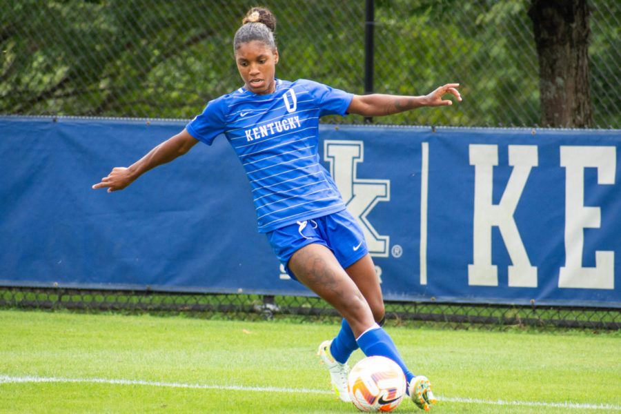 Kentucky Wildcats forward Hailey Farrington-Bentil (0) kicks the ball during the Kentucky vs. Eastern Michigan women’s soccer match on Sunday, Sept. 11, 2022, at the Wendell and Vickie Bell Soccer Complex in Lexington, Kentucky. UK won 5-1. Photo by Abby Szydlik | Staff