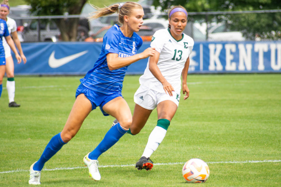 Kentucky Wildcats forward Hannah Richardson (8) dribbles the ball during the Kentucky vs. Eastern Michigan women’s soccer match on Sunday, Sept. 11, 2022, at the Wendell and Vickie Bell Soccer Complex in Lexington, Kentucky. UK won 5-1. Photo by Abby Szydlik | Staff