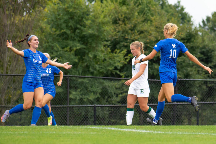 Kentucky players celebrate a goal during the Kentucky vs. Eastern Michigan women’s soccer match on Sunday, Sept. 11, 2022, at the Wendell and Vickie Bell Soccer Complex in Lexington, Kentucky. UK won 5-1. Photo by Abby Szydlik | Staff