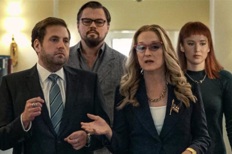 Dont Look Up stars an ensemble cast including (left to right) Jonah Hill, Leonardo DiCaprio, Meryl Streep and Jennifer Lawrence. NETFLIX