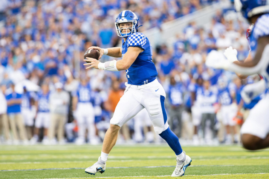 Kentucky Wildcats quarterback Will Levis (7) throws a pass during the Kentucky vs. Miami Ohio football game on Saturday, Sept. 3, 2022, at Kroger Field in Lexington, Kentucky. Photo by Isabel McSwain | Staff