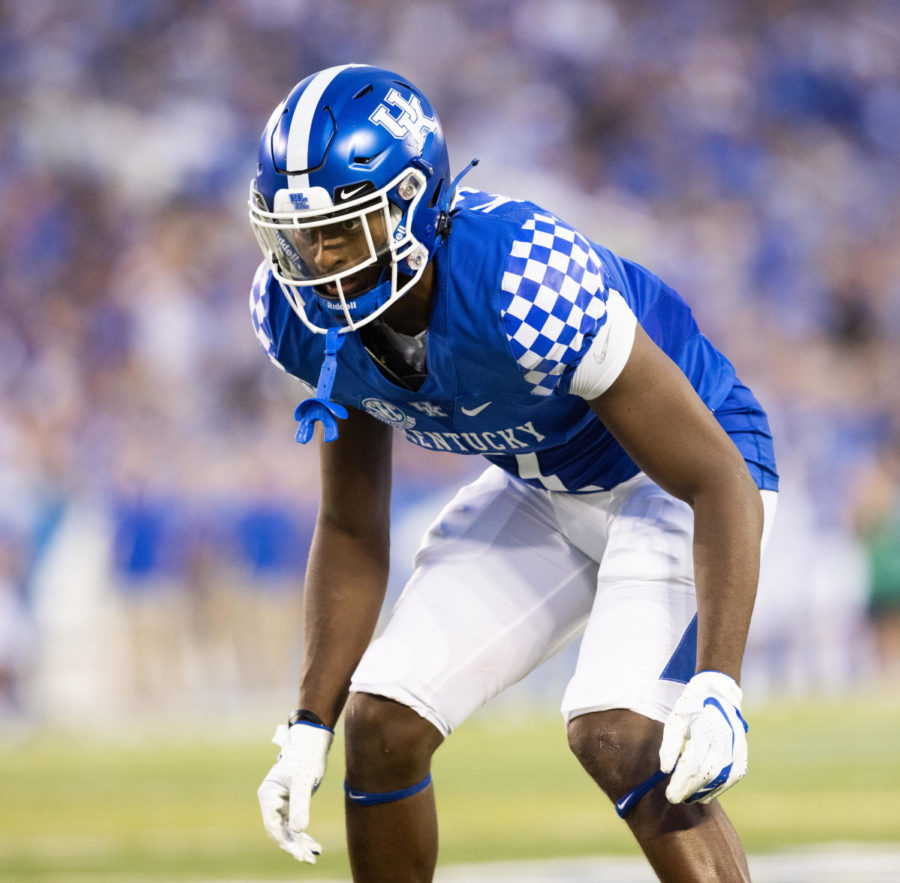 Kentucky Wildcats defensive back Vito Tisdale (7) getting ready for a play during the Kentucky vs. Miami Ohio football game on Saturday, Sept. 3, 2022, at Kroger Field in Lexington, Kentucky. Photo by Isabel McSwain | Staff