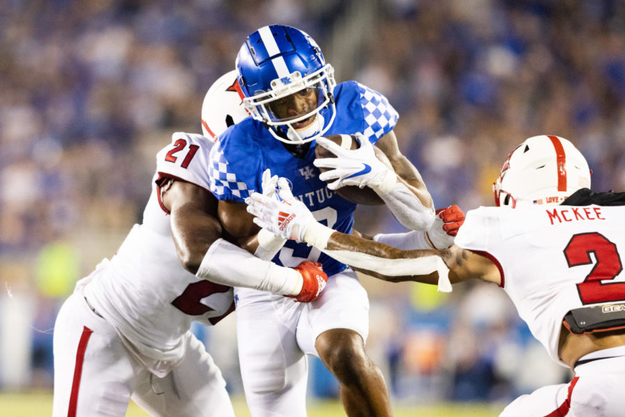 Kentucky Wildcats wide receiver Tayvion Robinson (9) runs the ball down the field during the Kentucky vs. Miami Ohio football game on Saturday, Sept. 3, 2022, at Kroger Field in Lexington, Kentucky. Photo by Isabel McSwain | Staff
