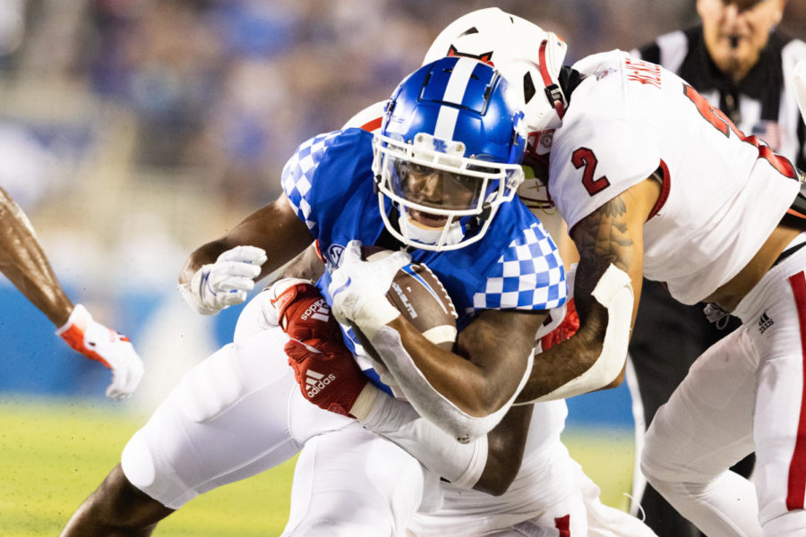 Kentucky Wildcats wide receiver Tayvion Robinson (9) scores a first down during the Kentucky vs. Miami Ohio football game on Saturday, Sept. 3, 2022, at Kroger Field in Lexington, Kentucky. Photo by Isabel McSwain | Staff