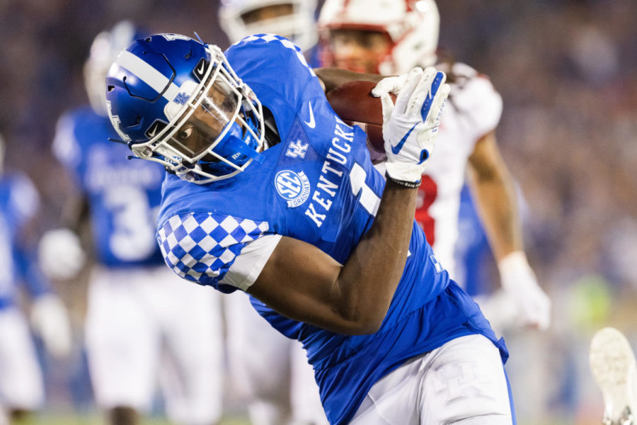 Kentucky Wildcats defensive back Keidron Smith (1) scores a first down during the Kentucky vs. Miami Ohio football game on Saturday, Sept. 3, 2022, at Kroger Field in Lexington, Kentucky. Photo by Isabel McSwain | Staff