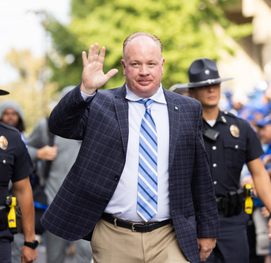 Kentucky Wildcats head coach Mark Stoops waves to fans during the Cat Walk before the No. 8 Kentucky vs. Northern Illinois football game on Saturday, Sept. 24, 2022, at Kroger Field in Lexington, Kentucky. Photo by Isabel McSwain | Staff