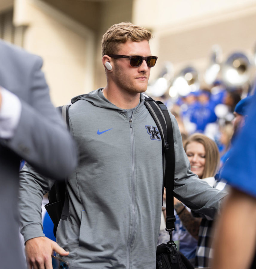 Kentucky Wildcats quarterback Will Levis (7) high fives fans during the Cat Walk before the No. 8 Kentucky vs. Northern Illinois football game on Saturday, Sept. 24, 2022, at Kroger Field in Lexington, Kentucky. Photo by Isabel McSwain | Staff