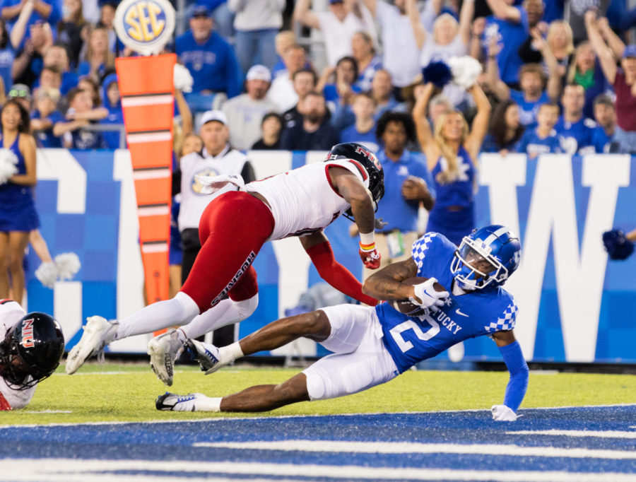 Kentucky Wildcats wide receiver Barion Brown (2) scores a touchdown during the No. 8 Kentucky vs. Northern Illinois football game on Saturday, Sept. 24, 2022, at Kroger Field in Lexington, Kentucky. Kentucky won 31-23. Photo by Isabel McSwain | Staff