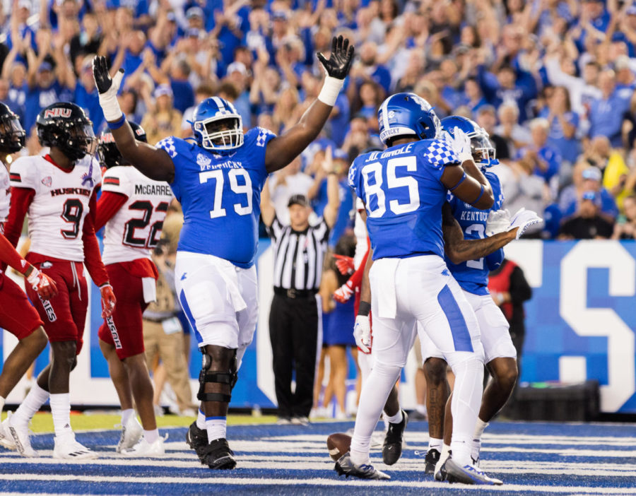The Wildcats celebrate after a touchdown during the No. 8 Kentucky vs. Northern Illinois football game on Saturday, Sept. 24, 2022, at Kroger Field in Lexington, Kentucky. Kentucky won 31-23. Photo by Isabel McSwain | Staff