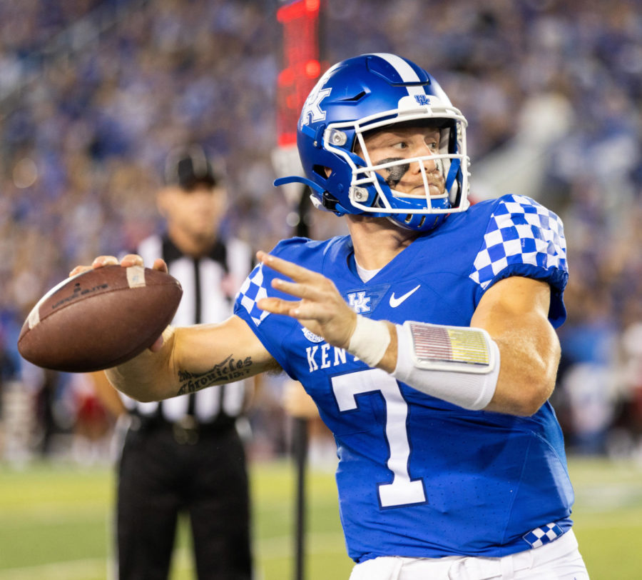Kentucky+Wildcats+quarterback+Will+Levis+%287%29+throws+the+ball+while+warming+up+during+the+No.+8+Kentucky+vs.+Northern+Illinois+football+game+on+Saturday%2C+Sept.+24%2C+2022%2C+at+Kroger+Field+in+Lexington%2C+Kentucky.+Kentucky+won+31-23.+Photo+by+Isabel+McSwain+%7C+Staff