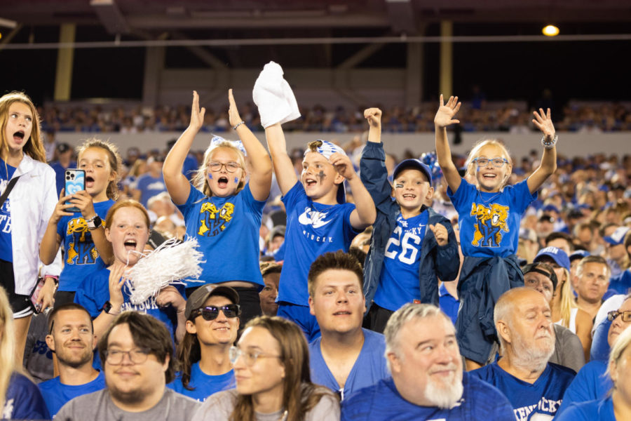 Kentucky fans cheer during the Kentucky vs. Miami Ohio football game on Saturday, Sept. 3, 2022, at Kroger Field in Lexington, Kentucky. Photo by Isabel McSwain | Staff