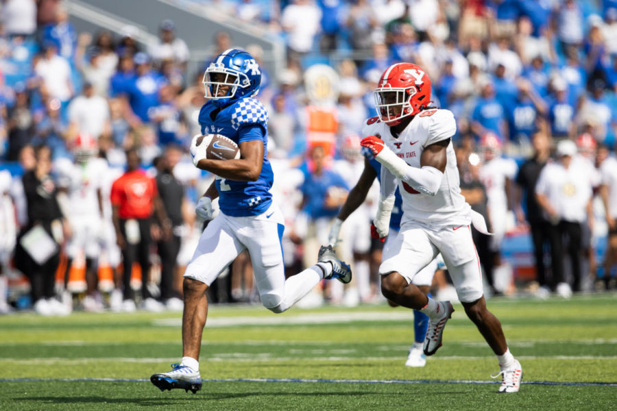 Kentucky Wildcats wide receiver DeMarcus Harris (4) runs the ball down the field during the No. 9 Kentucky vs, Youngstown State football game on Saturday, Sept. 17, 2022, at Kroger Field in Lexington, Kentucky. Photo by Isabel McSwain | Staff