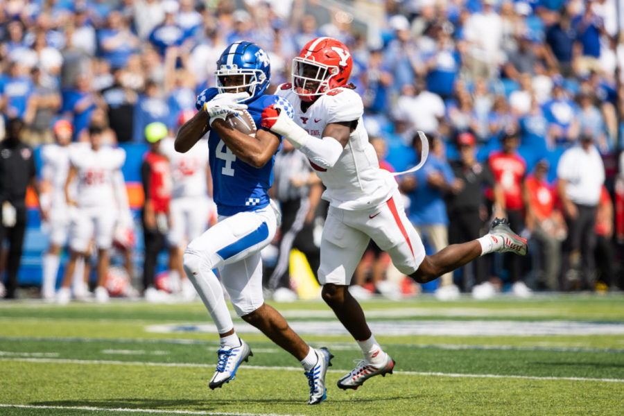 Kentucky Wildcats wide receiver DeMarcus Harris (4) scores a first down during the No. 9 Kentucky vs, Youngstown State football game on Saturday, Sept. 17, 2022, at Kroger Field in Lexington, Kentucky. Photo by Isabel McSwain | Staff