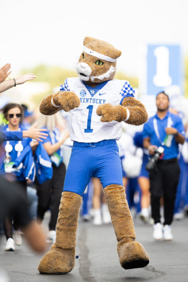 The Wildcat interacts with fans during the Cat Walk before the No. 8 Kentucky vs. Northern Illinois football game on Saturday, Sept. 24, 2022, at Kroger Field in Lexington, Kentucky. Photo by Isabel McSwain | Staff