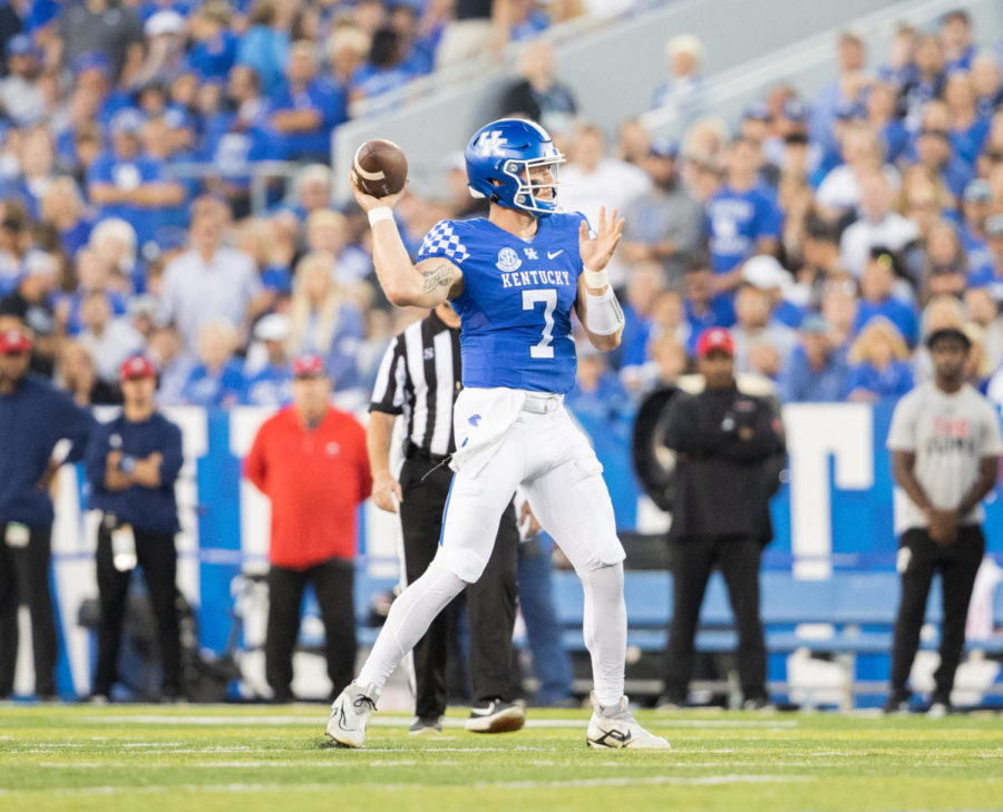 Kentucky Wildcats quarterback Will Levis (7) throws a pass during the No. 8 Kentucky vs. Northern Illinois football game on Saturday, Sept. 24, 2022, at Kroger Field in Lexington, Kentucky. Kentucky won 31-23. Photo by Isabel McSwain | Staff